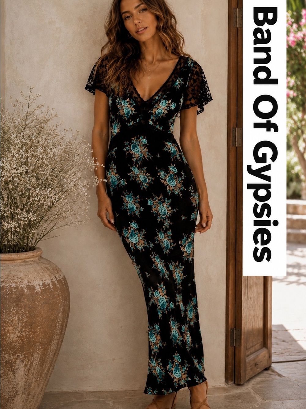 Band of Gypsies Floral Lace Fitted Maxi Dress Black Turquoise Size S